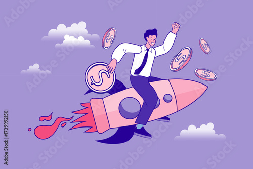Ambitious entrepreneur flying on a rocket ship to success, holding a dollar coin. Concept of profitable investment, stock market boost, and rapid financial growth. Modern line art vector illustration.