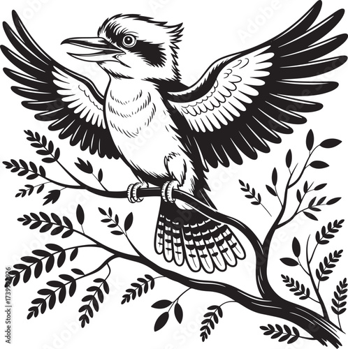 Laughing Kookaburra Vector - Black and White Bird