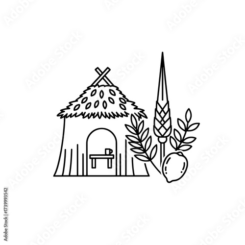 Minimalistic illustration of a Sukkah hut with traditional Sukkot symbols: lulav, etrog, and harvest elements, representing the Jewish festival of Sukkot
