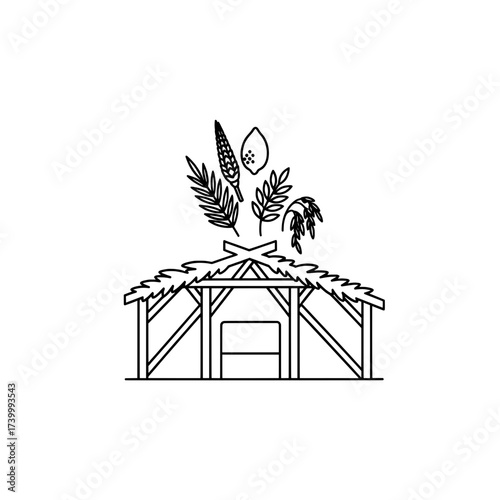 Traditional Sukkot Symbols with Sukkah Hut. Minimal Line Art Illustration on transparent background