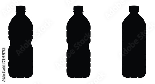 Three black silhouette water bottles arranged in a simple horizontal line