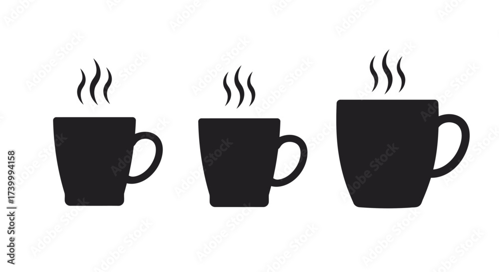 Obraz premium Three black coffee cups with rising steam simple graphic illustration