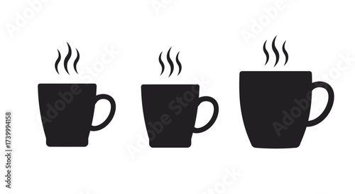 Three black coffee cups with rising steam simple graphic illustration