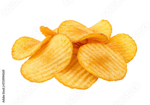 Pile of golden rippled potato chips isolated on transparent background, crispy snack PNG