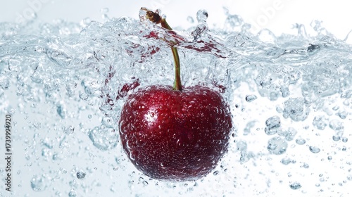Fresh red cherry splashing into clear water creating a vibrant ripple effect for health and wellness concepts