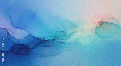 Abstract watercolor painting with flowing blues and subtle hints of pink and green evoking a sense of calm and depth