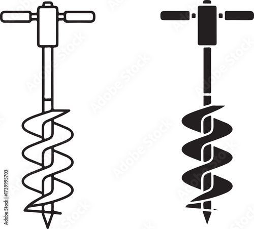 Vector art of, a vector illustration showcases a hand auger, a tool used for drilling holes in the ground, presented in both a line art and a solid black silhouette style on