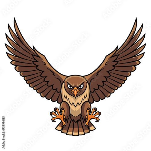 Cartoon owl with outstretched wings, talons extended, looking forward with a determined expression.