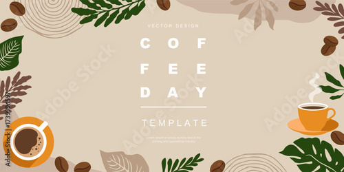 Banner design with coffee beans and leaves on minimal background for invitations, cards, backdrop, poster, cover, promo page or another template. Vector illustration.