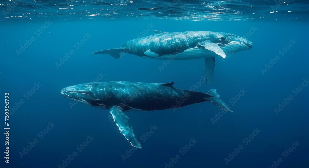 Naklejka premium blue whales swiming