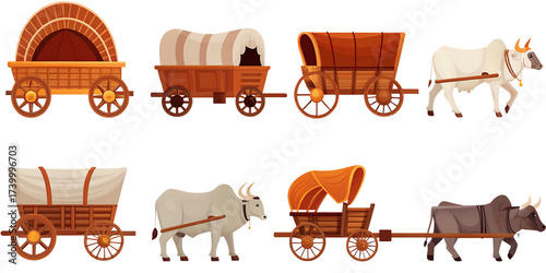 draft animals cart yoke oxen pulling carts isolated on white background png, ai generated