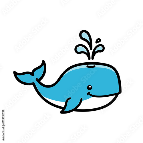 Cartoon illustration of a friendly blue whale spouting water from its blowhole, isolated.