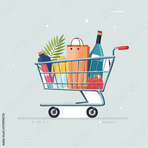 Shopping Cart Full of Groceries, Food, and Drinks Illustration