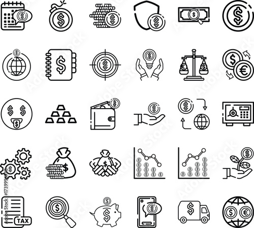 Money icons set for financial and business use. Line set of icons style. Perfect for websites, digital product, UI, presentations, and marketing materials to represent finance and money.
