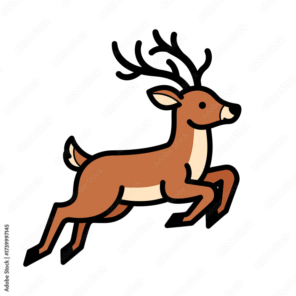 Fototapeta premium Cartoon-style illustration of a brown deer with antlers leaping forward, outlined in black, on a white background.