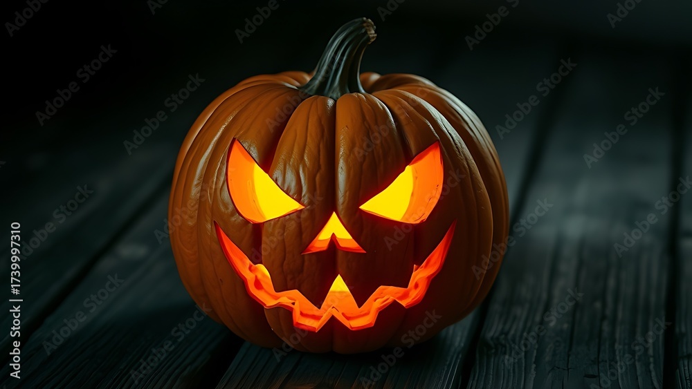 Fototapeta premium Carved pumpkin with eerie glowing expression on weathered wooden surface.