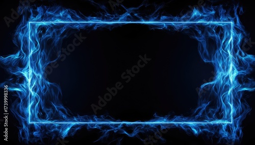 A rectangular frame of blue ethereal flames on black background, with space inside