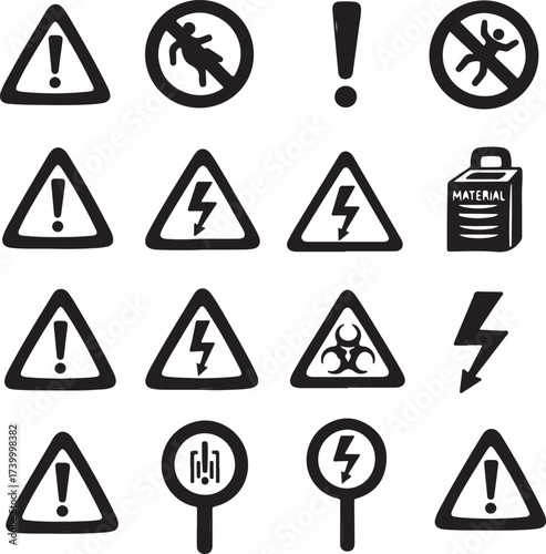 Doodle attention Vector art of a collection of various warning signs and symbols, including hazard symbols, electrical hazard signs, and general warning icons, all in black and white on