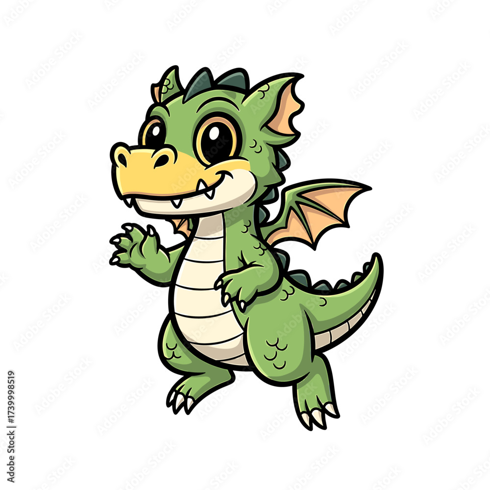 Obraz premium Cute cartoon green dragon standing and waving with a friendly expression on a white background.