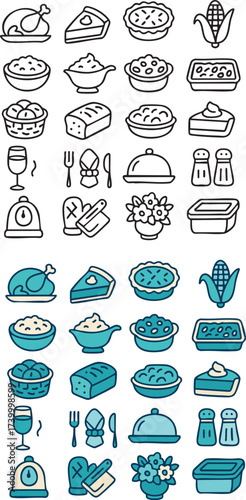 Thanksgiving Dinner Icons Set Featuring Roasted Turkey Mashed Potatoes and Pie.