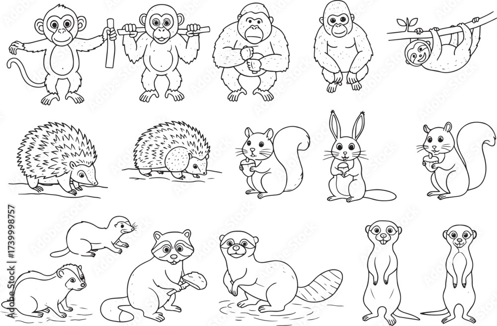 Obraz premium Doodle wild animal set vector illustration hand drawn monkey gorilla sloth hedgehog squirrel meerkat