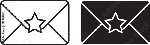 Vector art of a graphic featuring an envelope with a star symbol, presented in both a line art version and a solid black silhouette, representing favorite message on