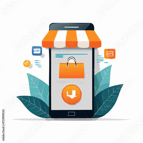 Online Shopping App Mobile Storefront, E-commerce Illustration