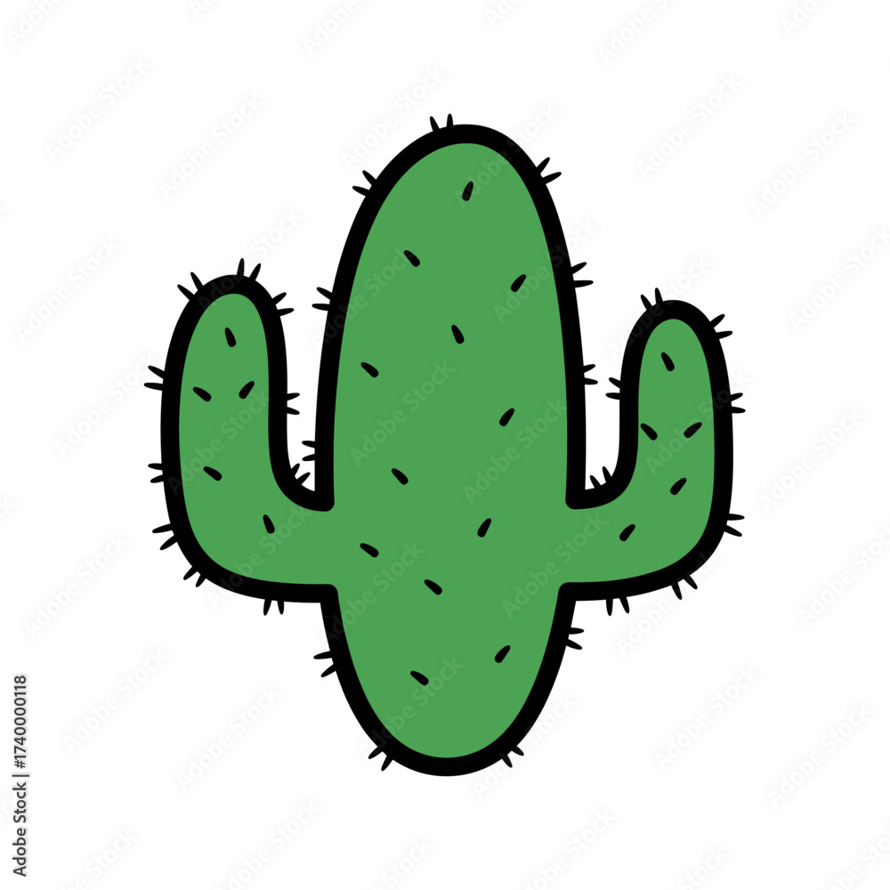 Obraz premium Illustration of a green cactus with black outline and small spines on a white background.
