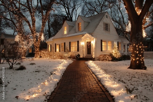 Charming house adorned with festive lights, creating a cozy atmosphere during a winter evening