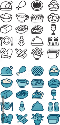Vector icon set for holiday meals and dining.