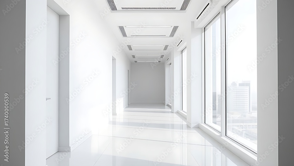 Fototapeta premium Modern white office corridor with large window and clean lines.
