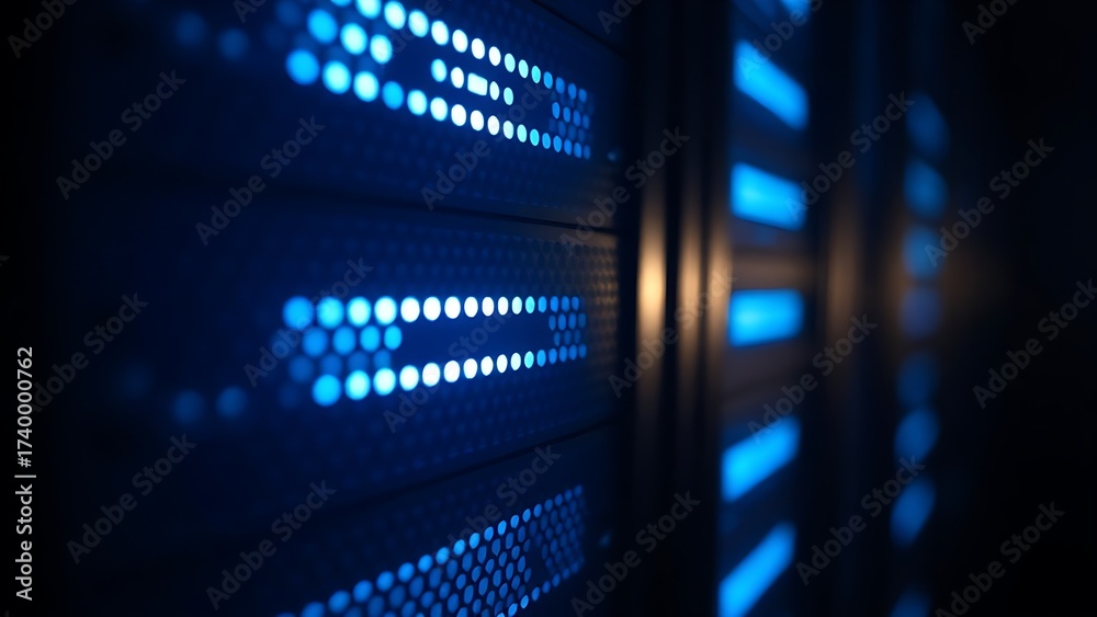 Fototapeta premium Close-up of glowing blue server rack lights creating an abstract technological pattern on a dark background.