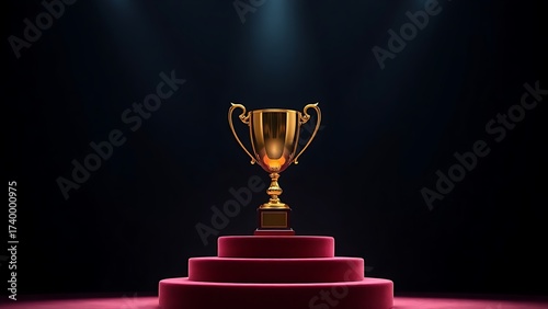 Golden trophy on a velvet podium under dramatic spotlight in an elegant setting.