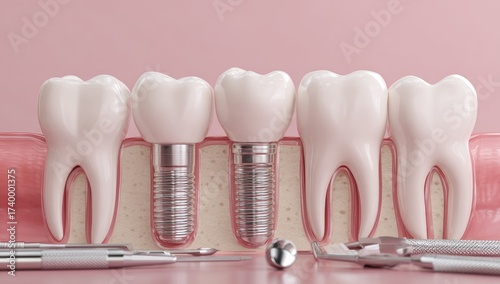 A dental model showcasing tooth implants and adjacent healthy teeth with tools