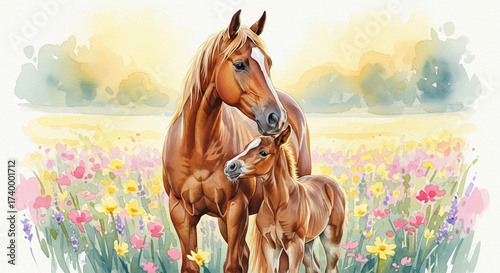 Foal Beside Mother Horse in a Flower Field for Family Blogs, Animal Education, Children’s Books, Nature Awareness, and Art Projects