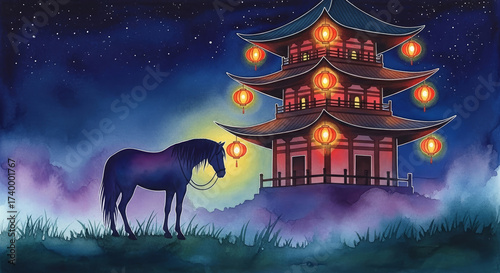 Horse Standing by Lantern-Lit Pagoda at Night for Art Blogs, Cultural Websites, Awareness Campaigns, Celebrations, and Year of the Horse Promotions