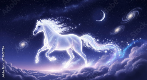 Glowing White Horse Running Across the Night Sky with Stars for Fantasy Art, Blogs, Websites, Year of the Horse Promotions, and Social Media Content