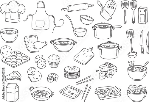 Doodle cooking baking kitchen utensil equipment vector illustration hand drawn chef food meal