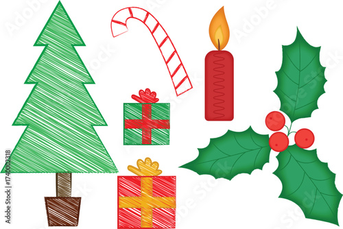 Colorful Christmas tree, presents, candle, candy cane, and holly with sketchy outlines holiday illustration