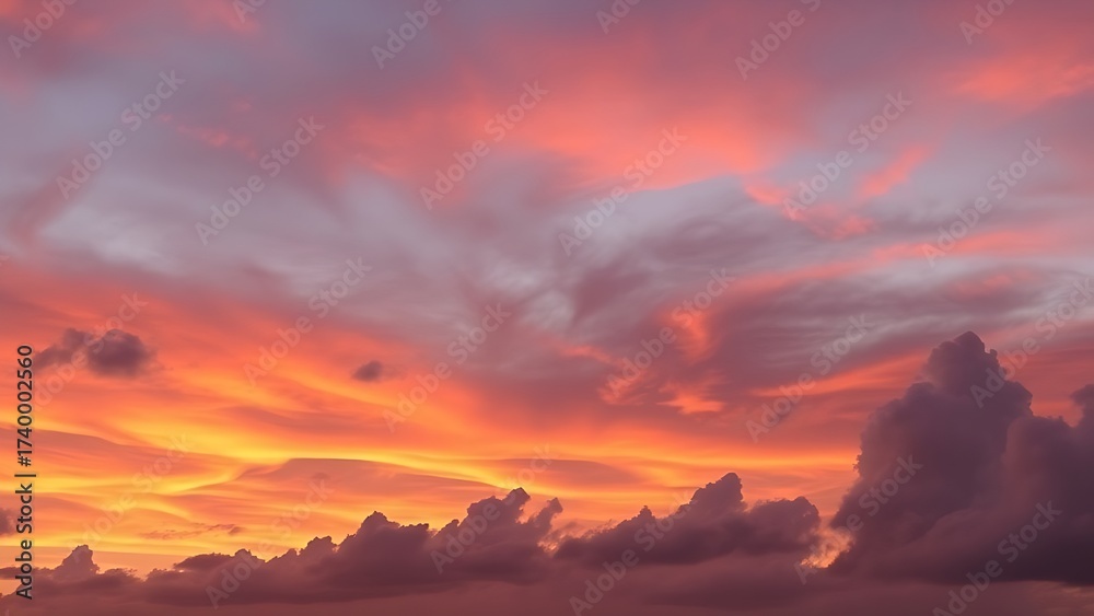 Fototapeta premium Dramatic sunrise with gradient orange and purple clouds, creating a panoramic abstract sky view.