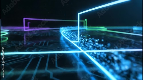 Futuristic Cyberpunk Cityscape Animation with Neon Lights and Circuit Board Floor