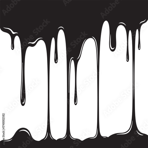 Vector art of black paint dripping, creating a dramatic and artistic effect with its flowing lines and stark contrast, ideal for backgrounds or graphic design elements on