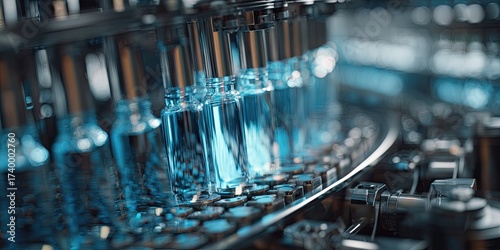 Automated pharmaceutical processing line with glass vials filled with a blue liquid, rolling along a track