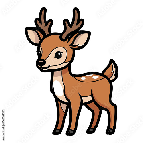 A charming illustration of a cartoon deer with antlers standing upright, looking cute.