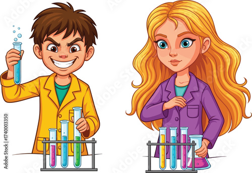 Cartoon kids in science lab, boy and girl experimenting with test tubes, children learning chemistry, education, laboratory experiment illustration vector