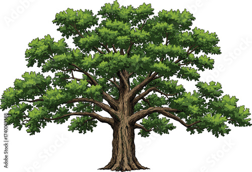 Beautiful illustration of large oak tree with wide branches, thick trunk and lush green leaves for vector design