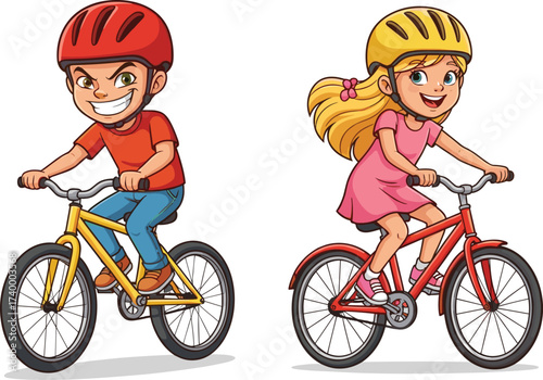 Cartoon kids riding bicycles with helmets, happy boy and girl cycling, outdoor activity illustration, children enjoying bike riding fun safely