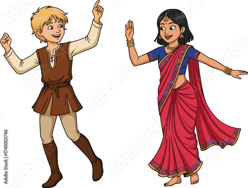 Happy boy and girl dancing in traditional cultural outfits, cartoon children illustration, festive celebration, Indian sari, medieval costume, joyful festival scene