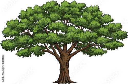 Illustration of tall green tree with wide branches and dense leafy foliage growing naturally in forest or park landscape