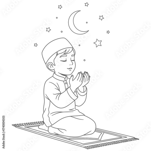 Child Praying Silhouette Under Crescent Moon  Spiritual Devotion and Nighttime Reflection Icon